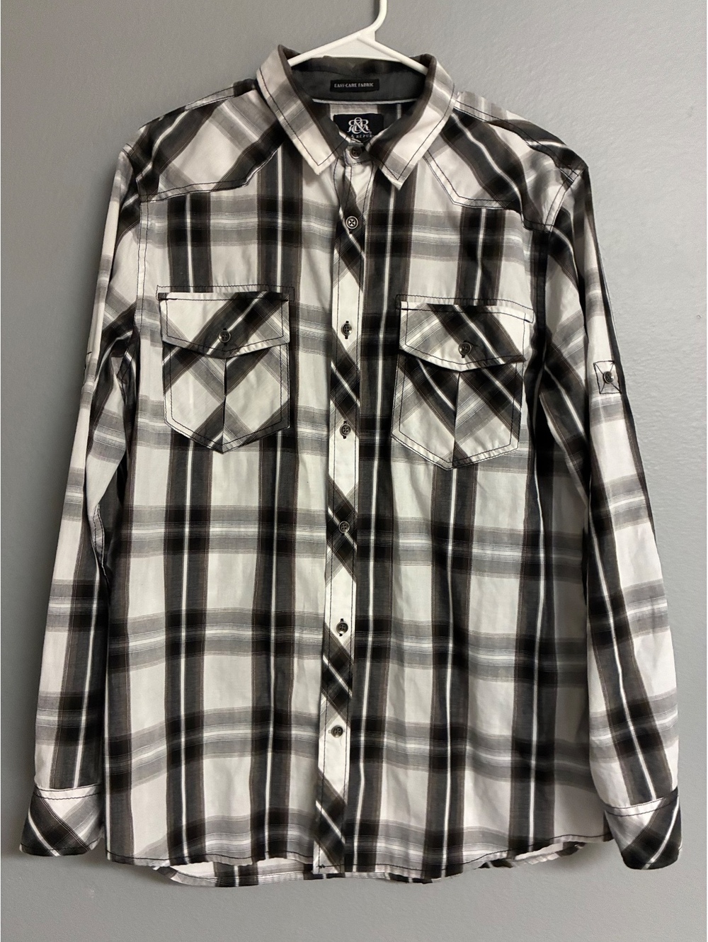 Rock & Republic Men's Black White Plaid Long Sleeve Button-Down Shirt Size L